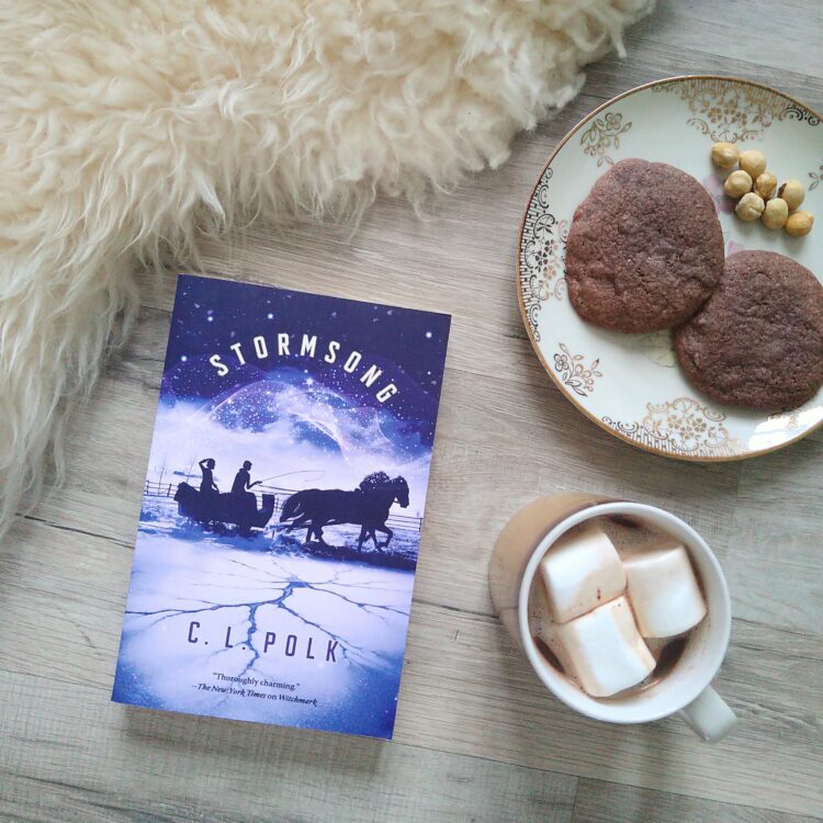 Bogen Stormsong af C. L. Polk ligger ved siden af et tæppe, en tallerken med cookies og hasselnødder og en kop varm kakao med skumfiduser