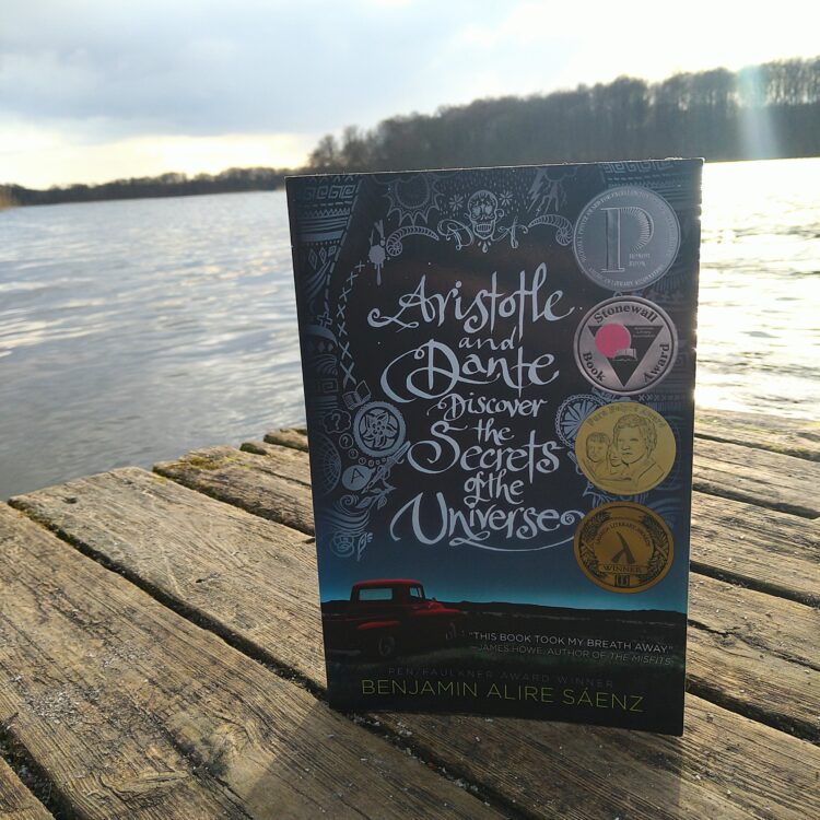 Bogen Aristotle and Dante Discover the Secrets of the Universe står på en badebro med en sø i baggrunden